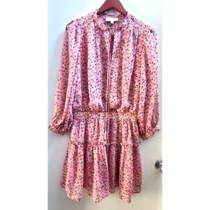 PINCH Dress L Mauve/Pink/ Ikat Small Scale Tier Tasseled Open Ruffled Collar L/S